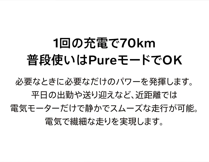 1回の充電で70km 普段使いはPureモードでOK